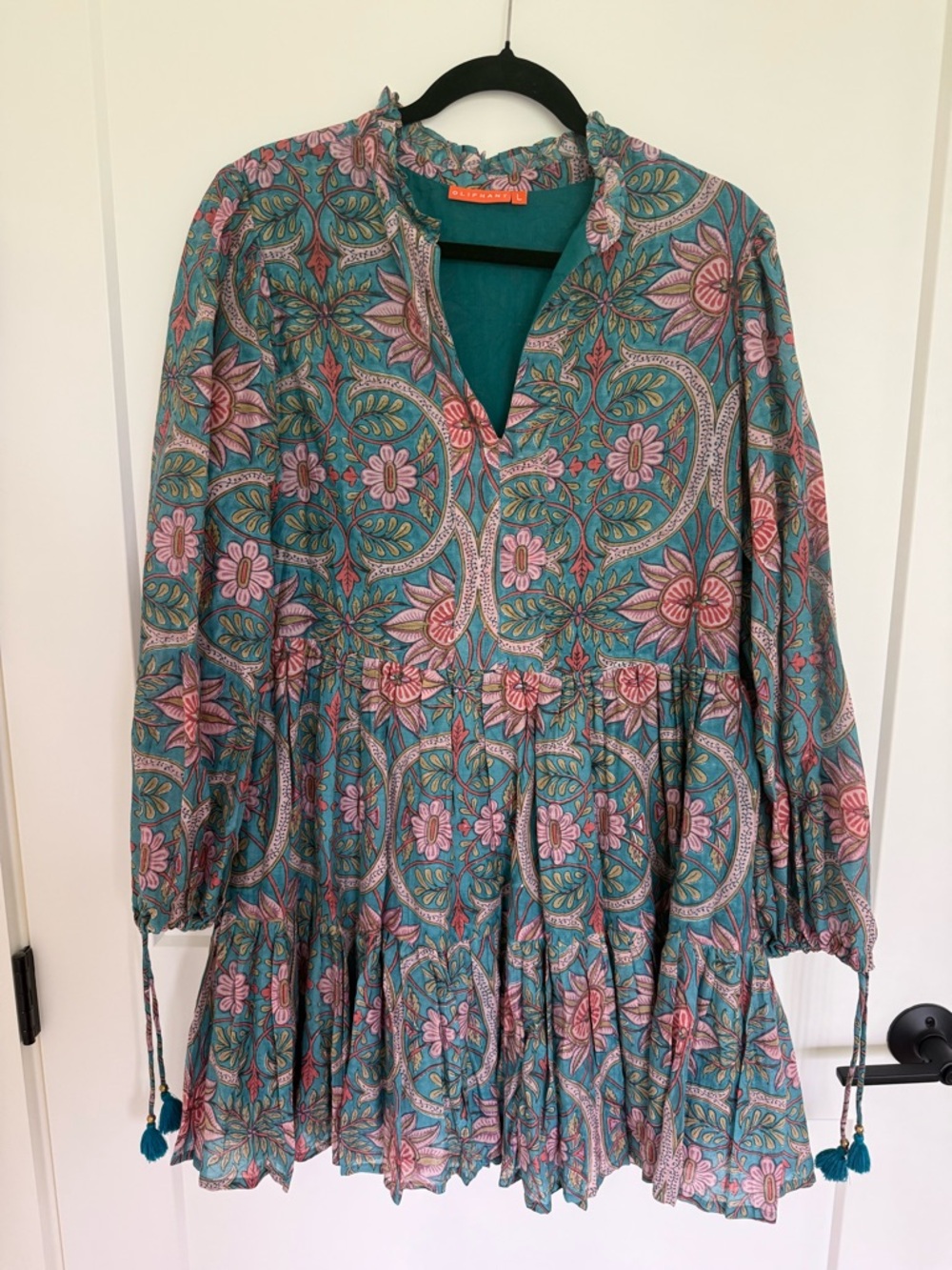 OLIPHANT Women’s Teal Multicolor Floral 100% Cotton Short Dress Size L